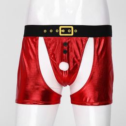 Underpants Christmas Claus Santa Faux Fur Ball Decor Bulge Pouch Underwear Mens Glossy Leather Cutout Novelty Boxer Shorts