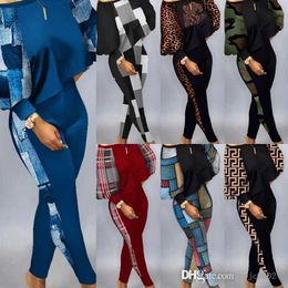 2023 Spring Fall Women Printed Pants Outfits Sexy Stitching Contrast Crop Top Leggings Suit 2 Piece Matching Sets S-3xl Plus Size