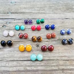 Stud Earrings Vintage Rustic Natural Assorted Stone & Crystal 10mm Cabochon Malachite/Carnelian/Opal/Turquoise/Peridot