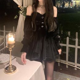 Casual Dresses Gothic Black Velvet Dress Party Long Sleeve Mini Ladies Retro Elegant One-piece Korean Version 2022 Summer