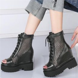 Sandals High Top Platform Pumps Women Lace Up Genuine Leather Heel Gladiator Female Open Toe Fashion Sneakers Casual Shoes