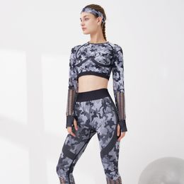Womens Leggings suits camouflage yoga outfits design tracksuit Long sleeve midriff-baring 2 piece Buttock lift Elastic force sport wear Gym clothes