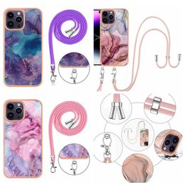 Crossbody Shoulder Lanyard Shockproof Cases For Iphone 14 Pro Max Plus 13 12 Mini 11 SE 2022 8 2.0MM Metallic TPU Marble Soft Chromed Rock Stone Granite Phone Back Cover