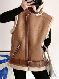 Women's Leather Ailegogo Autumn Winter Women Sleeveless Faux Fur Vest Moto Biker Thick Warm Zipper With Belt Waistcoat Outwear