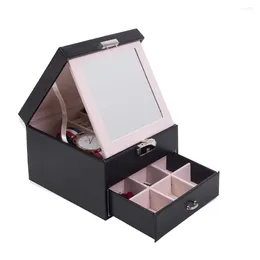 Storage Boxes Jewellery Box Large Capacity PU Leather Earring Ring Necklace With Mirror Drawer Watch Organiser