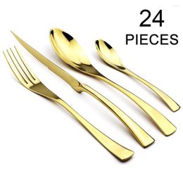 Flatware Sets Dinnerware 24Pcs Mirror Gold 18/10 Stainless Steel Set Steak Knife Fork Spoon Teaspoon Cutlery Tableware
