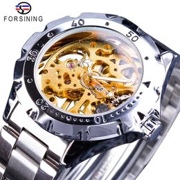 Forsining 2018 Silver Stainless Steel Gear Case Golden Skeleton Clock Men's Mechanical Watches Top Brand Luxury Luminous Hand201W