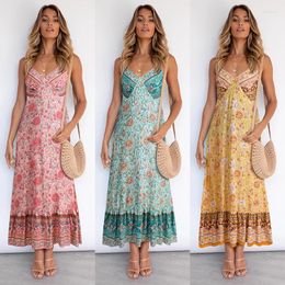 Casual Dresses Green Floral Print Spaghetti Strap Bohemian Dress For Women Loose Polyster Midi Beach Holidays 2022 Summer Clothing