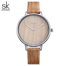 Shengke 2018 New Creative Women Watches Casual Fashion Wood Leather Watch Simple Female Quartz Wristwatch Relogio Feminino266k