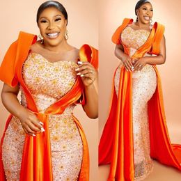 2023 Arabic Aso Ebi Orange Mermaid Prom Dresses Beaded Crystals Sexy Evening Formal Party Second Reception Birthday Engagement Gowns Dress ZJ304