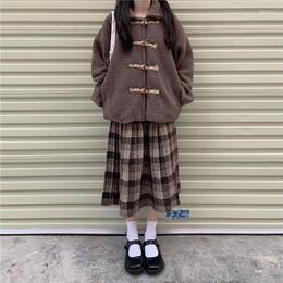 Skirts HOUZHOU Winter Vintage Pleated Plaid Skirt Midi Women Japanese Kawaii High Waisted A-line Wool Brown Long School Girls