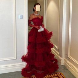 Burgundy tulle Evening Dresses with long sleeve gloves 2023 Sweetheart Spaghetti Strap Long Prom Gowns Zipper Puffy