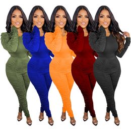 2024 Designer Fall Winter Women Tracksuits Casual pleated Outfit Folds 2 Piece pants Sets Solid Long Sleeve Sweatsuit pullover trousers Sport Suit Wholesale 8735