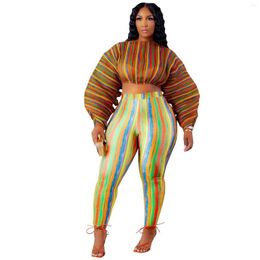 Tracksuits Sylph Plus Size Two Piece Suit 2022 Multicolor Striped Fashion Women 2 Outfits Sets Long Sleeve Crop Top And Pants Set