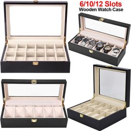 6 10 12 Slots Watch Box Black Wooden Jewellery Organzer Watch Display Case Glass Top Wrist Watches Box Luxury Holder D40328H