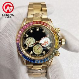 Luxury Watch Man RBOW Rainbow Diamond Bezel Mechanical Automatic Watch 18K 316L Stainless Steel Gold Wristwatches No Chronograph228G