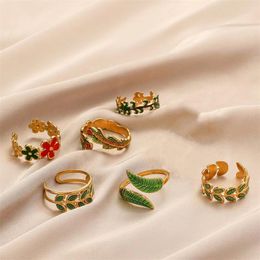 Cluster Rings Elegant Nature Bohemian Style Stainless Steel Green Leaf Enamel Ladies Ring Zedding Fashion Jewellery Flower For Women