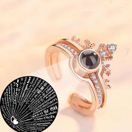 Cluster Rings 2 Pc/Set Rose Gold Color Ring Romantic Love Memory Wedding Exquisite Jewellery 100 Languages I You Projection