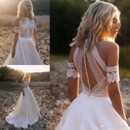Western Garden Boho Wedding Dresses A Line Jewel Neck Lace Satin Bridal Gowns Buttons Back Beach Robe De Mariee 2023