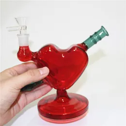 Red heart Glass Bong Hookahs 6 Inch Recycler Water Pipes 14mm Female Joint Oil Dab Rigs With Quartz Banger Or Bowl