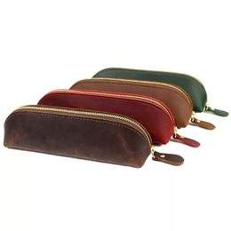 Vintage Leather Pencil Case School Office Stationery Bag Cowhide Fountain Pen Box Makeup Brush Pouch Holder