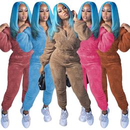 2024 Designer Furry Tracksuits Women winter clothing Two 2 Piece Set Thick Double Fleece Ladies Outfits Cute Sweatshirt Pants Sportswear Sweatsuits Wholesale 8630