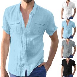 Men's Casual Shirts Plain White T Cotton Shirt Male Solid Top Double Pocket Short Sleeve Western Jacket Men Neck Yoga