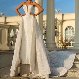 Elegant Ball Gown Wedding Dresses Appliques V Neck Sleeveless Sequins Beads Ruffles Celebrity Floor Length Detachable Train Formal Dresses Bridal Gowns Plus Size