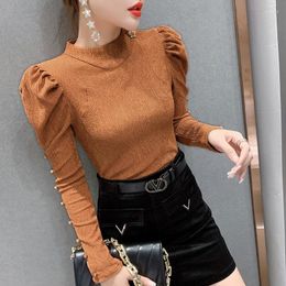 Women's T Shirts Spring Fall Korean Clothes Solid T-Shirt Chic Sexy Mock Neck Women's Tops Shiny Button Puff Sleeve Casual Caramel Tees