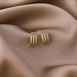 Stud Earrings 2022 Arrival Korean Exquisite Three Layer Zircon Half Bend For Women Fashion Geometric Gold Colour Metal Party