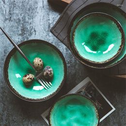 Bowls Creative Japanese Household Rice Bowl Green Ice Cracked Glaze Irregular Sauce Dish Large Soup Dessert Ceramic Tableware