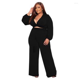 Tracksuits Sylph Sexy Plus Size Female Clothing Long Sleeve V-neck Crop Top And Wide Leg Pants Set Solid Pocket Two Piece Sets For Women