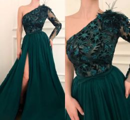 Dark Green Evening Dresses 2023 Sexy One Shoulder Split Evening Prom Gowns With 3D Appliques Pleats Long Occasion Vestidos BC14852