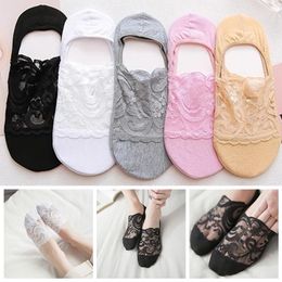Women Socks 5 Pairs Summer Slippers Non-Slip Breathable Lace Invisible Sexy Cool Thin Fashion