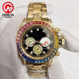 Luxury Watch Man RBOW Rainbow Diamond Bezel Mechanical Automatic Mens Watches 18K 316L Stainless Steel Gold Wristwatches No Chrono318V