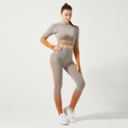 Womens Leggings suits sling yoga outfits yf59# gradient color design tracksuit Long sleeve top and pants High waist Buttock lift Elastic force sport wear Gym wear