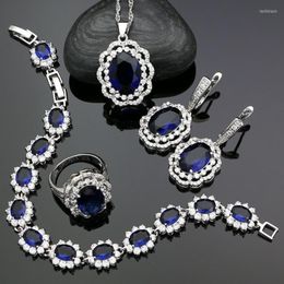 Necklace Earrings Set Silver 925 Bridal For Women Blue Cubic Zirconia White Crystal Earrings/Ring/Bracelet/Necklace/Pendant Kits