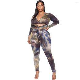 Tracksuits Plus Size Sets Women High Quality Casual Full Sleeve Bandage Crop Tops Long Pants Sexy 2 Pcs Set Chandals Mujer