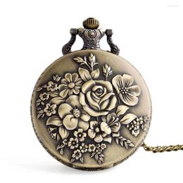 Pocket Watches Fashion Vintage Retro Flower Quartz Watch Bronze Pendant Necklace With Long ChainSteampunk For Unix Jewellery Gift #FN70