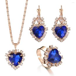 Necklace Earrings Set Women Wedding Heart High File Crystal Pendeloque Cut Clavicle Ring 3pc Suit Marry Bride Accessories Jewelry