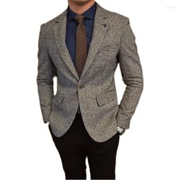 Men's Suits Men's Suit Jacket Coffee Houndstooth Wool Tweed Retro Business Tailored Collar Casual Blazer For Wedding Groomsmen Costumes