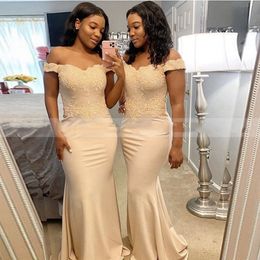 Champagne Mermaid Bridesmaid Dresses Off Shoulder Appliqued Long Stretch Satin Wedding Party Gowns Vestido de la dama de Honour