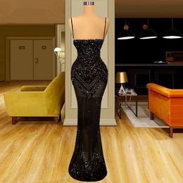 Sexy Black Illusion Prom Dresses Spaghetti Straps Mermaid Party Dresses Beaded Sleeveless Custom Made Evening Dress