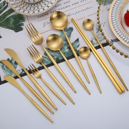 Dinnerware Sets Dining Spoon Fork Knife Chopsticks Set Tableware Gold Matte Cutlery 18/10 Stainless Steel Round