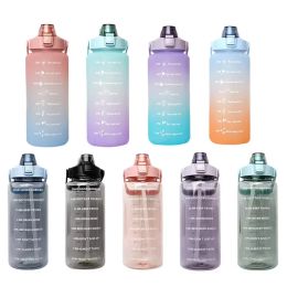 2000ML Large Capacity 2L Water Bottle Straw Cup Gradient Colour Plastic Water Cups With Time Marker Outdoor Sport Fitness Sports Bottles New