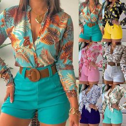 Women's Tracksuits Women Sets Printed Stand Collar Long Sleeve Shirt Ladies Top Short Pants Suits