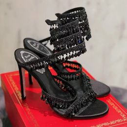 Lampadario di cristallo nero sandali con tacco alto 95mm diamante di lusso serpentino avvolto tacchi alti romani strass argento scarpe da banchetto firmate35-43