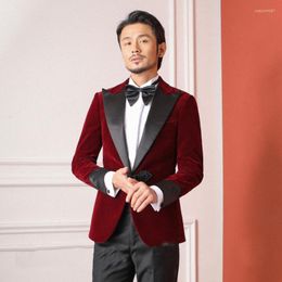 Men's Suits Wine Red Man Jacket Velvet Blazer Peaked LapelSmoking 1 Piece Top 6 Color Coat