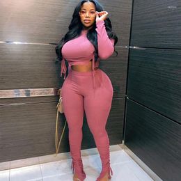 Tracksuits Sexy Plus Size Women Clothing Ribbed Long Sleeve Crop Top And Pants Sets Bodycon Ladies 2 Piece Outfits Wholesale Drop