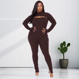 Tracksuits Perl Sling Curved Jumpsuit And Crop Top Suit Full Sleeve Two Pieces Outfits Open Back Matching Set Plus Size Women's Clothing